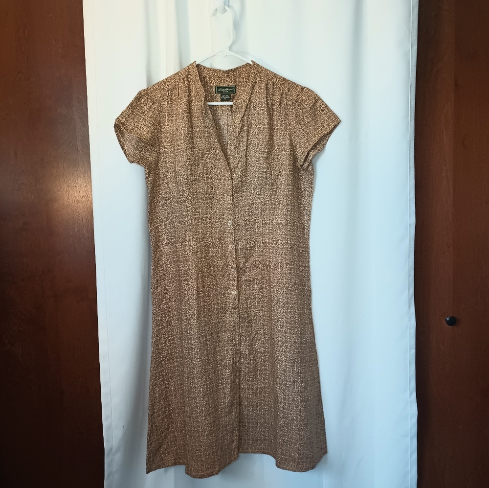 Eddie Bauer Womens Linen Shirt Dress Size 12 Brown Tan Button Cottage Safari
